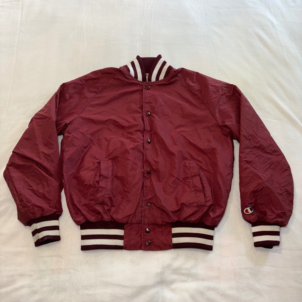 80s Champion Varsity Bomber Jacket Maroon Nylon Snap Front Mens L USA Made Retro